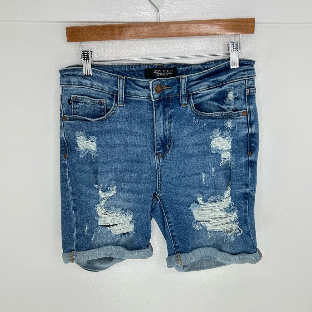 Judy Blue High‎ Waist Cuffed Denim Shorts Medium Stretch Denim Distressed 30x6 - Picture 2 of 11